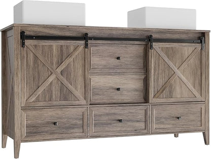 VNN Bathroom Vanity with Sink - 60 Inch Bathroom Vanity Double Sink Ceramic, Freestanding Cabinet with 2 Farmhouse Sliding Barn Doors and 5 Drawers, Space-Saving Storage Cabinet, Grey Wood Grain