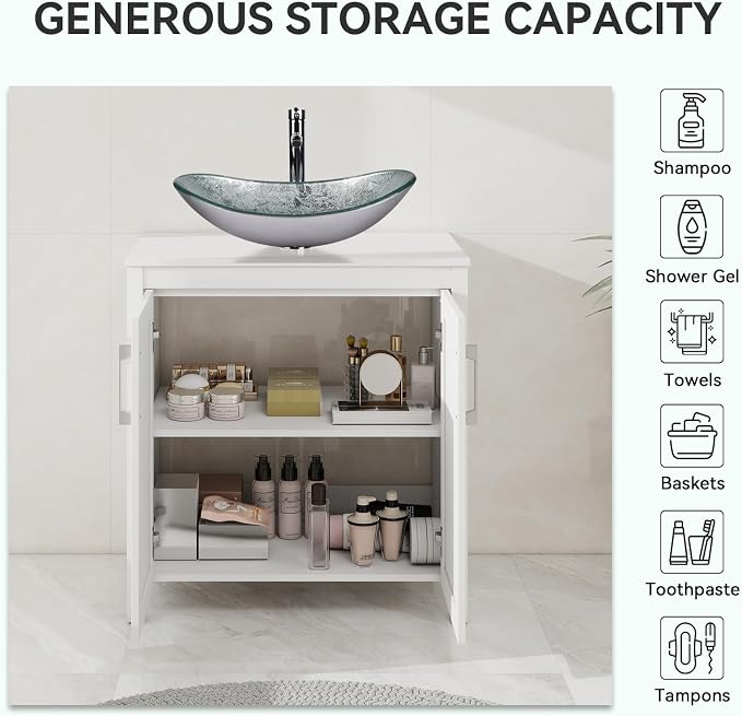 YOURLITE 30" Bathroom Vanity with Sink, White Bathroom Vanity and Sink Combo with Faucet & Pop Up Drain Set,Traditional Vanity with Blue Glass Boat Bathroom Sink
