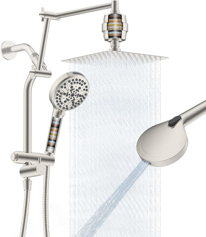 10" Metal Rain Filtered Shower Head with Handheld, 10 Modes, Easy Reach | Brushed Nickel, High-Pressure Rainfall Showerhead, 4-Way Diverter Pause Mode, Adjustable 16" Extension Arm, 20-Stage Filter