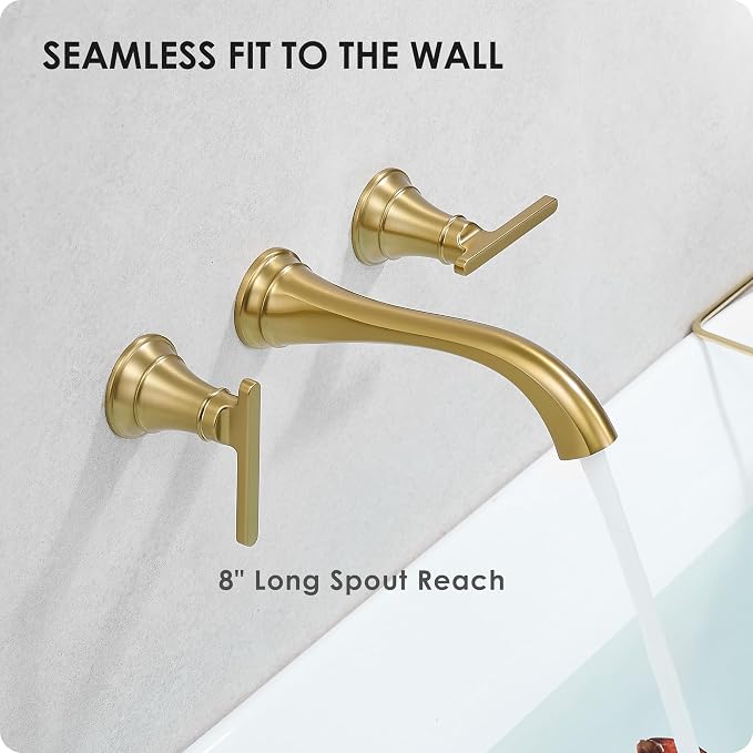 Wall Mount Tub Faucet, High Flow Solid Brass Brushed Gold Bathtub Faucet, 2 Handles Tub Filler with 8" Spout Reach, Rough-in Valve Included
