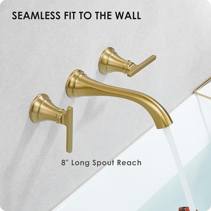 Wall Mount Tub Faucet, High Flow Solid Brass Brushed Gold Bathtub Faucet, 2 Handles Tub Filler with 8" Spout Reach, Rough-in Valve Included