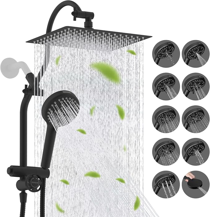 Hibbent High Pressue All Metal 12" Rainfall Shower Head, Handheld 10-Spray | cUPC Certified Matte Black Dual Showerhead Combo, 4-way Diverter with Pause Mode, Brass Extension Arm, 71'' Hose & Holder