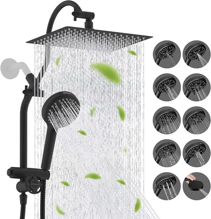 Hibbent High Pressue All Metal 12" Rainfall Shower Head, Handheld 10-Spray | cUPC Certified Matte Black Dual Showerhead Combo, 4-way Diverter with Pause Mode, Brass Extension Arm, 71'' Hose & Holder