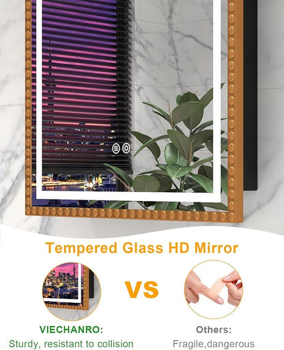 20x28 Inch Arched Medicine Cabinet with Mirror and Lights, LED Bathroom Mirror Cabinet with Defogging & Touch Light, Surface Mount and Recessed with 1 Storage Organizer, Daisy Beaded Frame Bling Gold