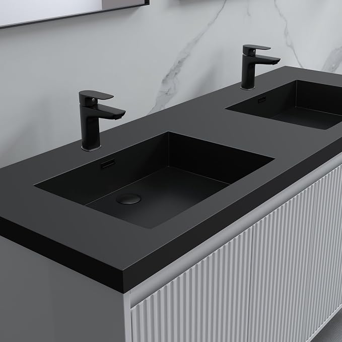 Dowell 61" Bathroom Sink,Double Bowl Vanity Basin,Rectangular Drop-In Bathroom Sink with Overflow,Black-000 6122BPBL