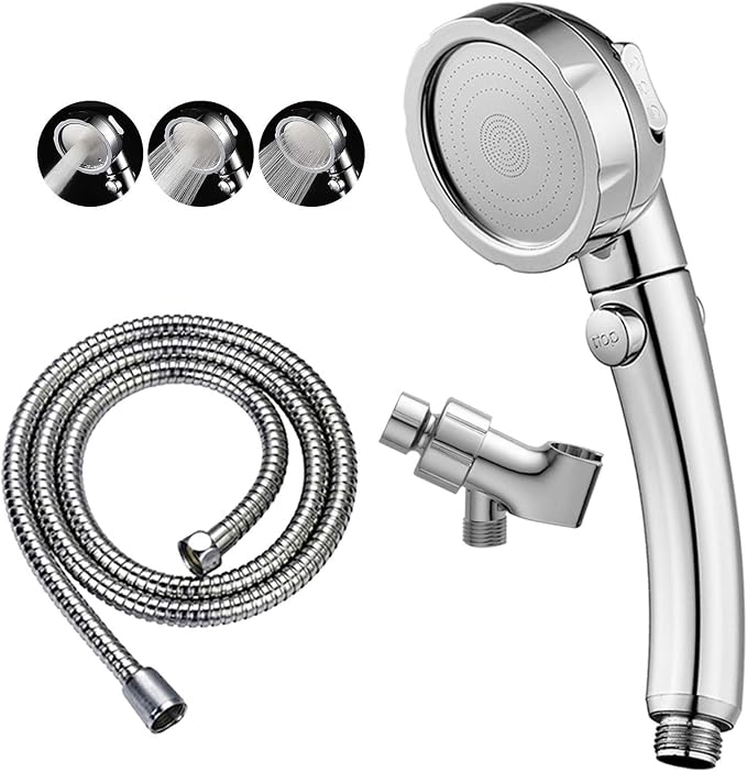 KAIYING High Pressure Handheld Shower Head with ON/OFF Pause Switch | 3 Spray Modes Shower Wand with Shut Off Button, Camper & RV Showerhead with Hose & Angle Adjustable Bracket, Chrome Finish