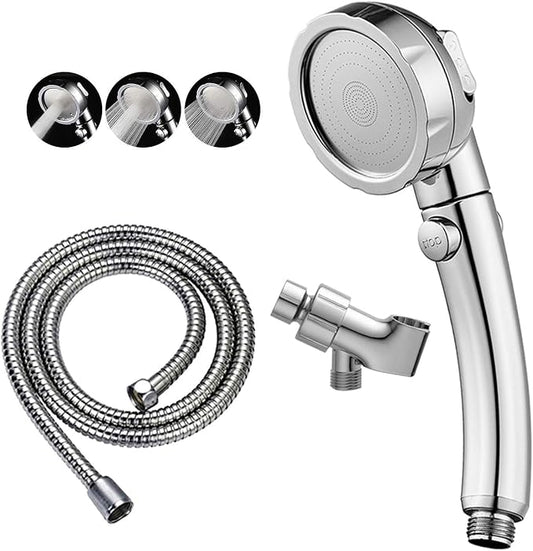High Pressure Handheld Shower Head with ON/OFF Pause Switch | 3 Spray Modes Shower Wand with Shut Off Button, Camper & RV Showerhead with Hose & Angle Adjustable Bracket, Chrome Finish