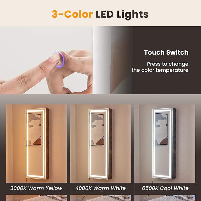 GOFLAME LED Mirror Jewelry Cabinet 47”, Wall/Door Mounted Full Length Mirror with Storage, 3-Color Lights, Interior Makeup Mirror, Jewelry Storage Organizer, Lockable Jewelry Armoire, Rustic Brown