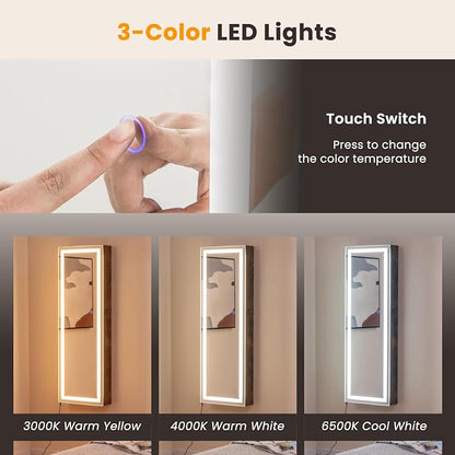 GOFLAME LED Mirror Jewelry Cabinet 47”, Wall/Door Mounted Full Length Mirror with Storage, 3-Color Lights, Interior Makeup Mirror, Jewelry Storage Organizer, Lockable Jewelry Armoire, Rustic Brown