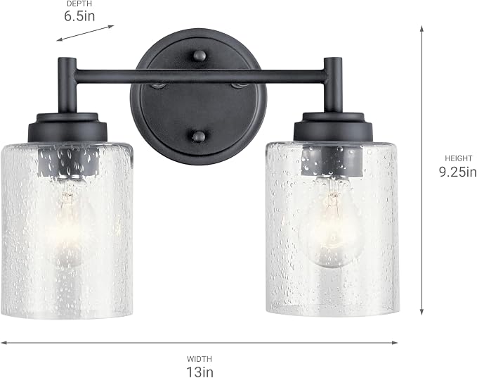 Kichler Winslow 2-Light Farmhouse Vanity Light, Black | Clear seeded glass vanity light with industrial styling (12.75" x 9.25" x 6.5"), 45885BK