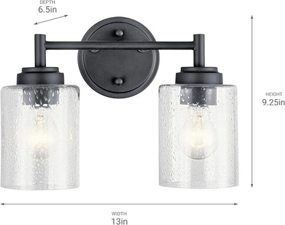 Kichler Winslow 2-Light Farmhouse Vanity Light, Black | Clear seeded glass vanity light with industrial styling (12.75" x 9.25" x 6.5"), 45885BK