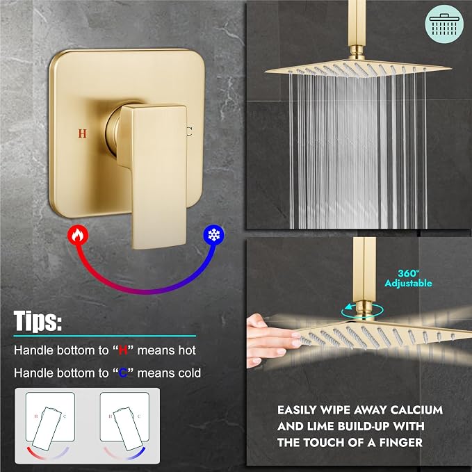 Heyalan 10-Inch Ceiling Mount Shower Faucet Set with Valve, Brushed Gold | Rainfall shower head, ceiling-mount design, SUS304 steel, adjustable angle, single-handle control