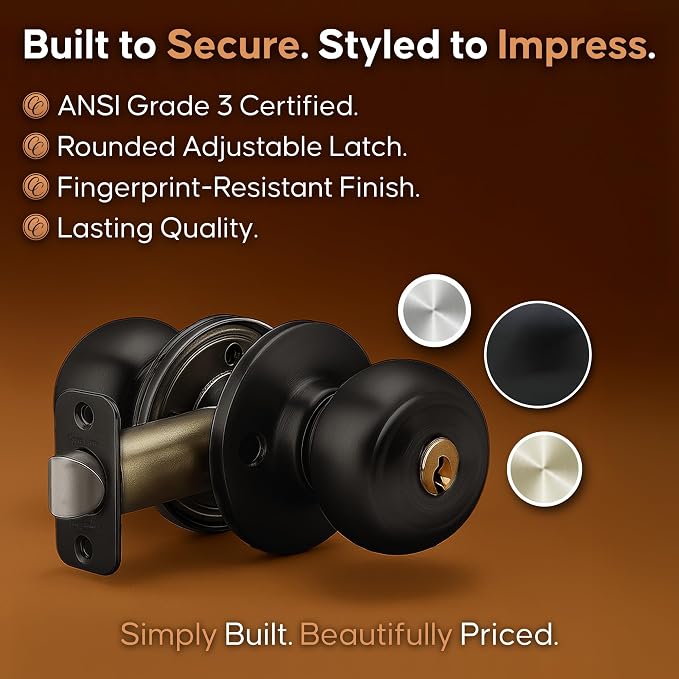 Copper Creek Colonial Entry Door Knob – Keyed Entry Handle with Lock and Key, ANSI Grade-3 Certified, DIY-Friendly Install for Interior and Exterior Entrance Doors – Matte Black (3 Pack)