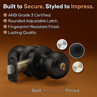 Copper Creek Colonial Entry Door Knob – Keyed Entry Handle with Lock and Key, ANSI Grade-3 Certified, DIY-Friendly Install for Interior and Exterior Entrance Doors – Matte Black (3 Pack)