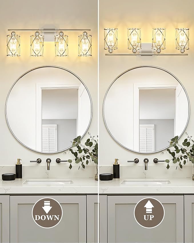 4-Light Brushed Nickel Bathroom Light Fixtures, 29 Inch Modern Bathroom Vanity Lighting Fixtures Over Mirror with Clear Glass and Metal Cage Wall Sconce Lights for Bath, E26, CH9176BN-4W