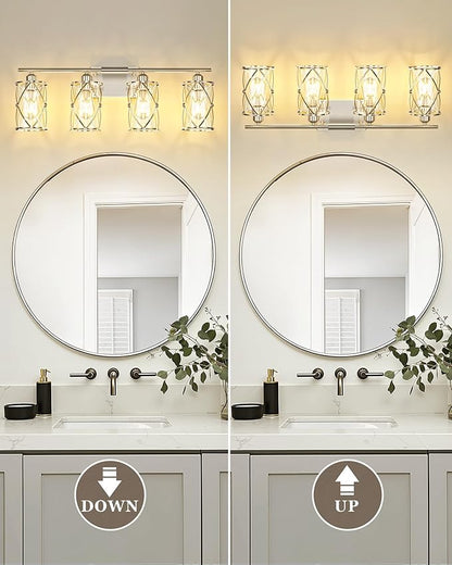 4-Light Brushed Nickel Bathroom Light Fixtures, 29 Inch Modern Bathroom Vanity Lighting Fixtures Over Mirror with Clear Glass and Metal Cage Wall Sconce Lights for Bath, E26, CH9176BN-4W