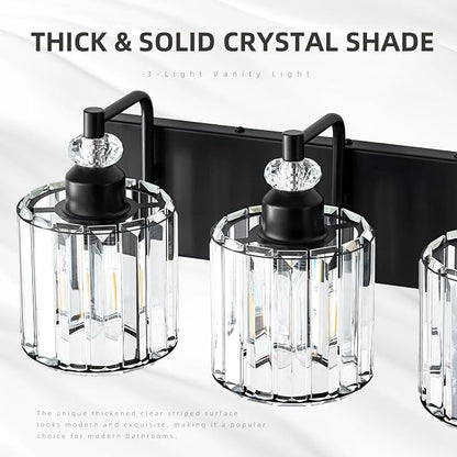 3-Light Black Bathroom Light Fixtures Over Mirror Modern Vanity Lights Crystal Wall Sconce Vintage Bathroom Lighting with Crystal Shade E26 Base for Bedroom, Living Room, Hallway
