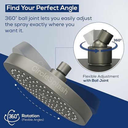 CircleSplash Shower Head - High Pressure 2.5 GPM - Matte Grey | Anti-clog silicone nozzles, removable restrictor, easy-clean fixed replacement
