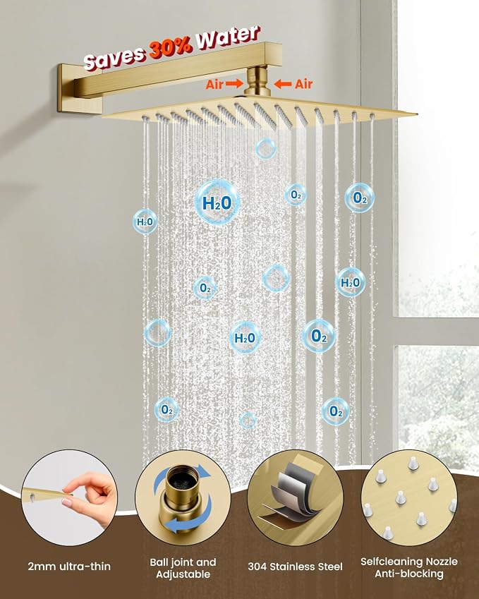 gotonovo Tub Shower Faucet Set with Valve 10'' Rain Head,Brushed Gold | Waterfall Tub Spout Shower System,Bathtub Faucet Set,SUS304 Rain Head with Handheld,Brass Valve Trim Kit,All Metal,Wall Mount