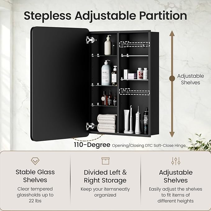 Large Bathroom Medicine Cabinet with Mirro 24x32, Aluminum Recessed or Surface Mount Wall Cabinet, Pre-Assembled, Adjustable Shelves, Center Divider for Tall Bottles, Soft Close, Matte Black