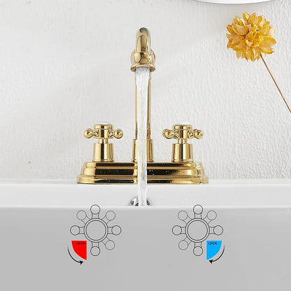 Bathroom Faucet Polished Gold 2 Handles 4 Inches Centerset Bathroom Vanity with Drain Assembly and Supply Hose Lavatory Faucet