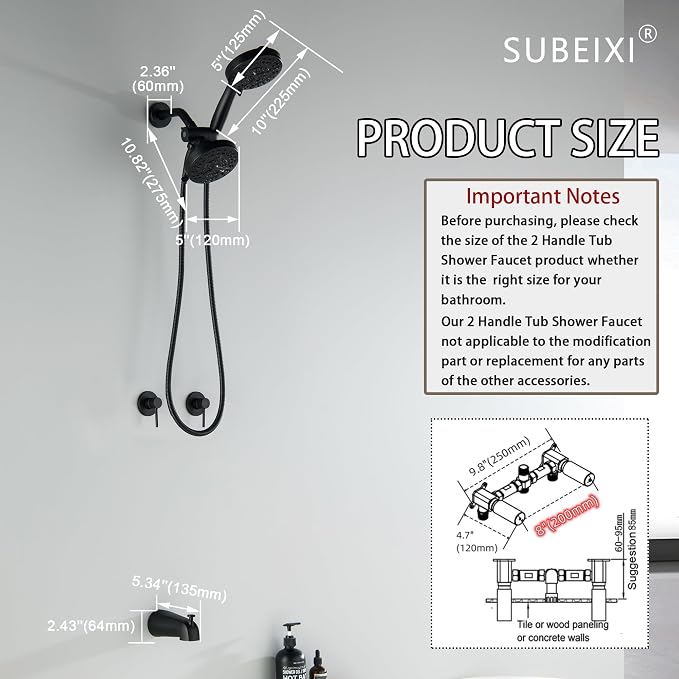 2 Handle Shower Faucet Set with Tub Spout Matte Black Two Handle Shower Faucet Set Complete Tub and Shower Trim Kit, Wall Mount