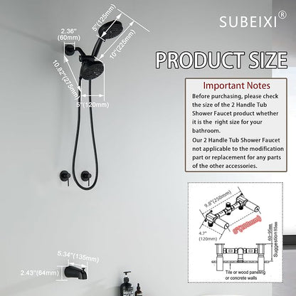 2 Handle Shower Faucet Set with Tub Spout Matte Black Two Handle Shower Faucet Set Complete Tub and Shower Trim Kit, Wall Mount