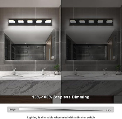 Bathroom Vanity Light - 5-Lights LED 30W - Dimmable Over Mirror Light Fixture for Brightening Your Bath - Gold and Black Wall Sconces with Acrylic Lampshade - Daylight 5500K