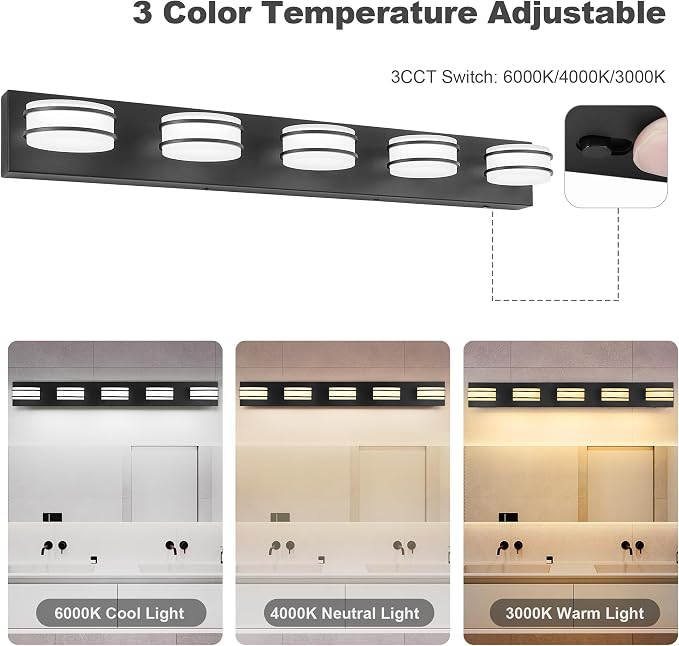 GOODATE 3 Color Temperature Dimmable Bathroom Light Fixtures Over Mirror, LED Black 5 Light Vanity Lighting Fixtures, Acrylic Stainless Steel Oval Shade Vanity Lights for Bathroom, ETL Certificated