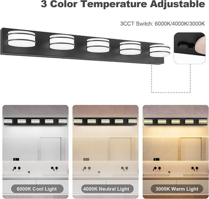 GOODATE 3 Color Temperature Dimmable Bathroom Light Fixtures Over Mirror, LED Black 5 Light Vanity Lighting Fixtures, Acrylic Stainless Steel Oval Shade Vanity Lights for Bathroom, ETL Certificated