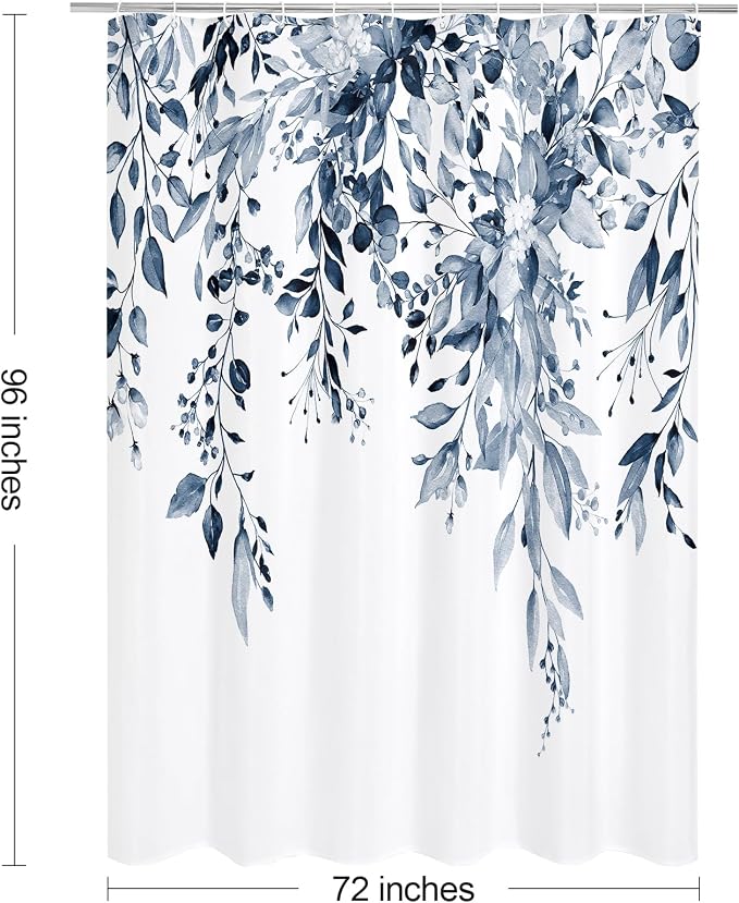 Navy Eucalyptus Shower Curtain, Watercolor Floral Print, 72x96 | Watercolor Plant Leaves Floral Print, Waterproof Fabric Bathroom Decor, Machine Washable, Rustproof Grommets