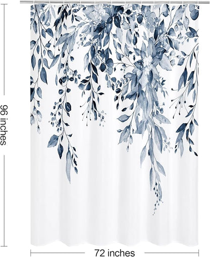 Navy Eucalyptus Shower Curtain, Watercolor Floral Print, 72x96 | Watercolor Plant Leaves Floral Print, Waterproof Fabric Bathroom Decor, Machine Washable, Rustproof Grommets