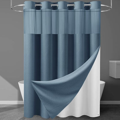 EUTXL Heavyweight No Hook Shower Curtain with Liner, Moonlight Blue,71x86 | Snap in Liner, 256GSM Thick Waffle Fabric, Hotel Luxury Spa, Corner Magnets, Quick Dry, Waterproof & Washable, Extra Long