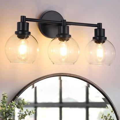 Bathroom Vanity Light 3 Light, Black Bathroom Light Fixtures with Clear Globe Glass Shade, Matted Black Wall Sconce Over Mirror for Kitchen, Living Room
