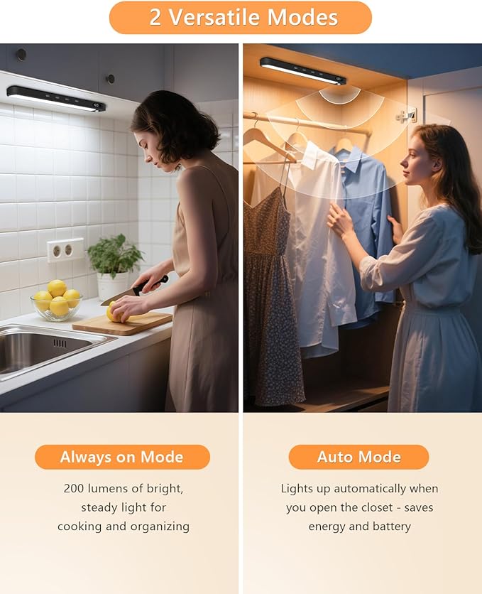 WILLED Under Cabinet & Closet Lights, Motion Sensor, Rechargeable, Magnetic, 3 Color Temps, Dimmable LED Light Bar for Indoor Kitchen Counter (4 Pack, Black)