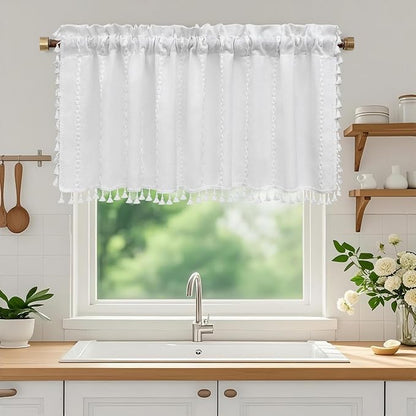 Seenus White Boho Farmhouse Valance Curtain with Tassels, 52 x 18 inch Linen Textured Window Curtain for Living Room, Striped Light Filtering Valance for Kitchen Bedroom Bathroom Rod Pocket