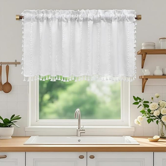 Seenus White Boho Farmhouse Valance Curtain with Tassels, 52 x 18 inch Linen Textured Window Curtain for Living Room, Striped Light Filtering Valance for Kitchen Bedroom Bathroom Rod Pocket
