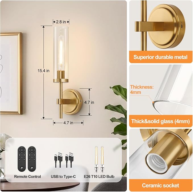 MOKATNG Battery Operated Wall Sconce Set of 2，Gold Wireless Rechargeable Wall Lighting Fixtures with Remote Control，Dimmable Wall Light for Bathroom ，Vanity, Living Room, Bedroom, Hallway, Stairway