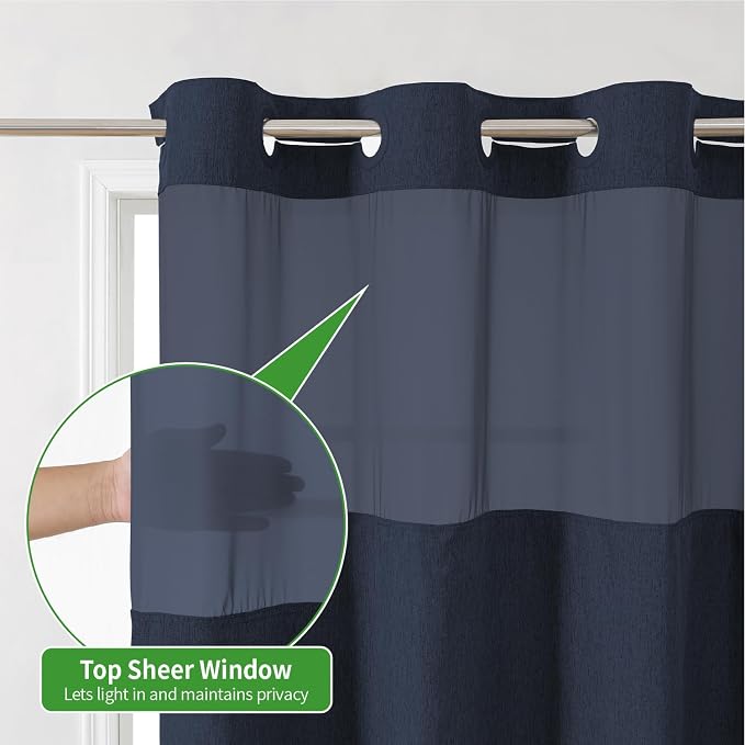 eachope No Hook Fabric Shower Curtain with Snap-in Liner,54x80 Navy Blue | Linen Texture,230GSM Thick Fabric,Hotel Luxury Decor,Mesh Window,Waterproof & Machine Washable,for Shower Stall or Bathroom