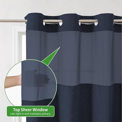 eachope No Hook Fabric Shower Curtain with Snap-in Liner,54x80 Navy Blue | Linen Texture,230GSM Thick Fabric,Hotel Luxury Decor,Mesh Window,Waterproof & Machine Washable,for Shower Stall or Bathroom