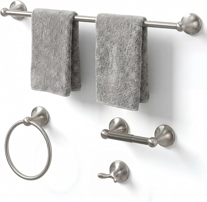 24-Inch Wall Mounted Towel Racks for Bathroom – Space Saver 4-Piece Durable Stainless Steel Bathroom Hardware Set with Towel Bar, Towel Ring, Toilet Paper Holder & Hook, Brushed Nickel