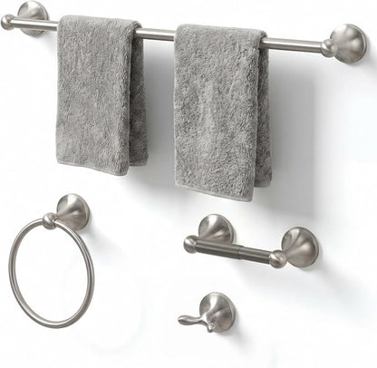 24-Inch Wall Mounted Towel Racks for Bathroom – Space Saver 4-Piece Durable Stainless Steel Bathroom Hardware Set with Towel Bar, Towel Ring, Toilet Paper Holder & Hook, Brushed Nickel