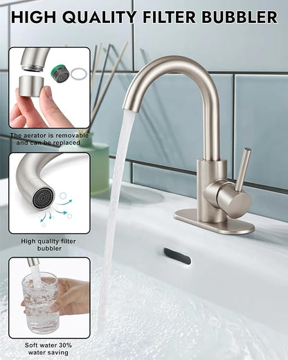 Midanya Single Hole Bathroom Faucet 1 Hole Bar Sink Faucet Suitable for Kitchen RV Vanity,304 Stainless Steel 360° Swivel Spout with Deck Plate and Pop-up Drain,Brushed Nickel