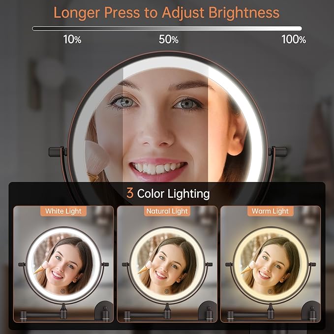 5000mAh Rechargeable Wall Mounted Lighted Makeup Mirror Double Sided 1X30X | Magnifying Bathroom Mirror, 3 Color Lighting, Touch Dimming, Extended Arm 360 Rotation Light up Mirror Antique Bronze