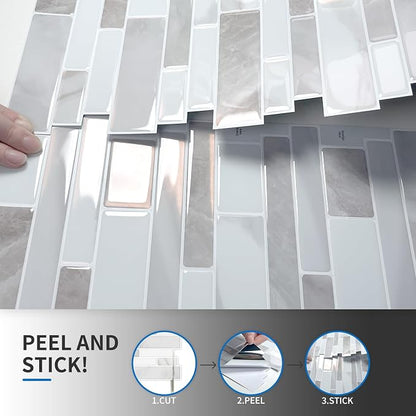 10-Sheet Peel and Stick Kitchen Backsplash Tiles | 3D Waterproof Self Adhesive Wall Tile Stick on Backsplash for Kitchen and Bathroom(Beige White,12"×12")