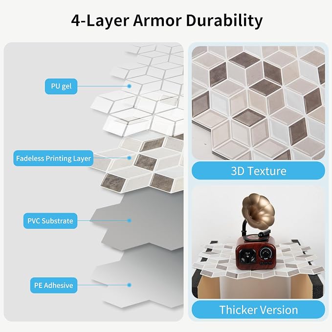 Art3d Peel and Stick Backsplash, 3D Hexagon Wall Tile, 10-Pack, Light Brown | 12 x 12 Inch, Enhanced Thickness, Water Resistant, Easy to Clean, Modern Cube Pattern, for Accent Walls, Furniture Revamps