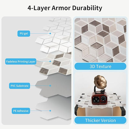 Art3d Peel and Stick Backsplash, 3D Hexagon Wall Tile, 10-Pack, Light Brown | 12 x 12 Inch, Enhanced Thickness, Water Resistant, Easy to Clean, Modern Cube Pattern, for Accent Walls, Furniture Revamps