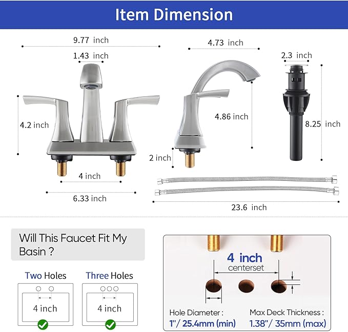 VXV Bathroom Faucet Brushed Nickel, 2 Handles Low Arc Bathroom Sink Faucets, 4 Inch Centerset Bath Lavatory Faucets with Pop-up Drain & Faucet Supply Lines (BN)