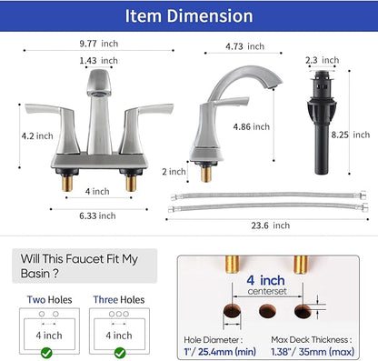 VXV Bathroom Faucet Brushed Nickel, 2 Handles Low Arc Bathroom Sink Faucets, 4 Inch Centerset Bath Lavatory Faucets with Pop-up Drain & Faucet Supply Lines (BN)