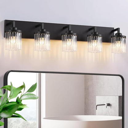 5-Light Black Bathroom Vanity Light, Crystal Glass Shades | Modern Wall Lighting Fixtures Over Mirror, for Bathroom, Matte Black Finish, Rust-resistant Metal, Farmhouse Industrial Style